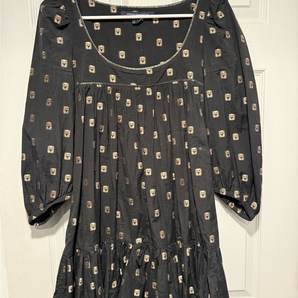 French Connection Vintage Babydoll Dress with Gold Owls